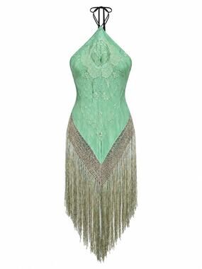 Conner Ives AW22 Hudson River School Demi Couture Fringe Halter Dress L